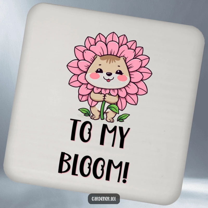 Funny drink coaster: A cheerful animal gardener proudly presents a ridiculously large flower, protecting surfaces with elegance and humor.