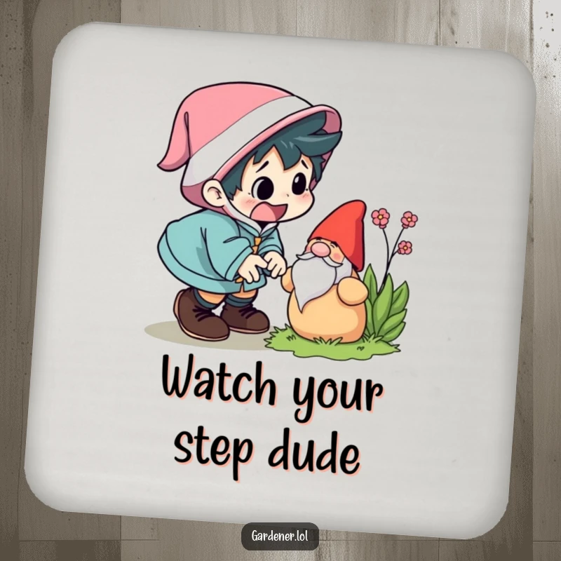 Funny drink coaster with a character comically tripping over a garden gnome, looking startled. A humorous and functional funny gift.