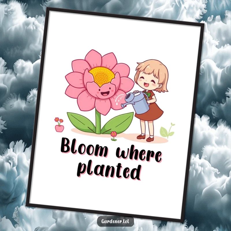 Funny poster art of a character joyfully watering a giant, smiling flower, adding a touch of whimsical garden humor.