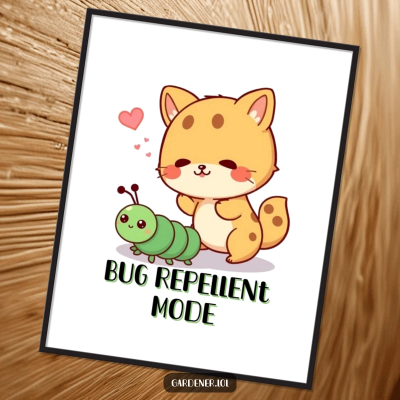 Funny poster of a cute animal character playfully shooing away a cartoon caterpillar, capturing a humorous and endearing moment in nature.