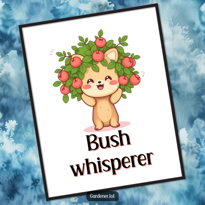 Funny poster featuring a cheerful animal character meticulously pruning a small, friendly bush, bringing garden vibes indoors.