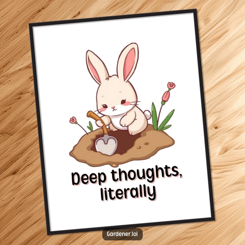 Funny poster depicting a playful rabbit diligently digging a hole with a tiny shovel, a humorous scene of industriousness.