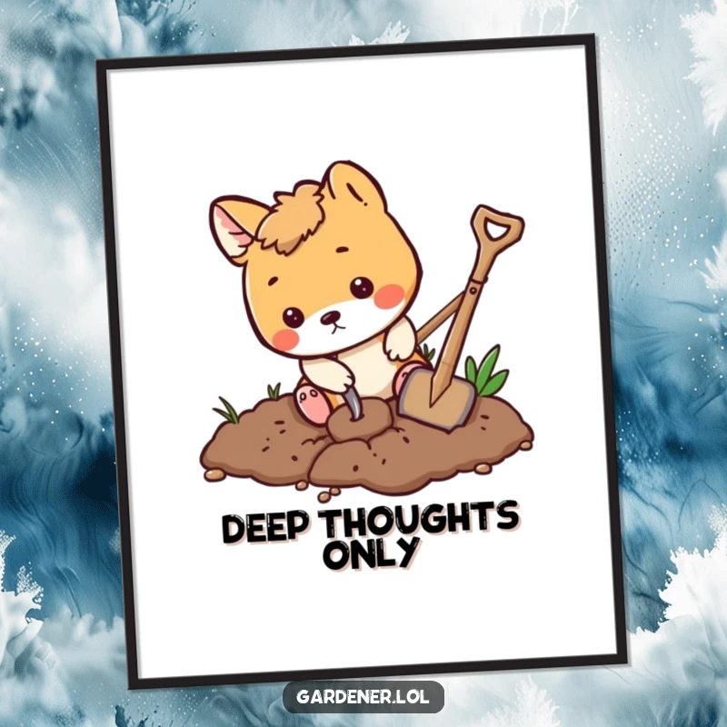 Funny playful animal character digging in the dirt with a tiny shovel, whimsical gardening poster, cute wall decor.