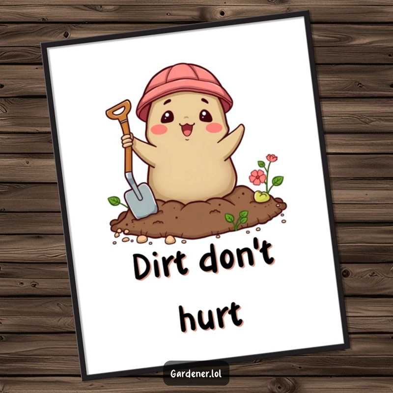 Funny Kawaii mole gardener poster art, a delighted character popping out of soil with a trowel, decorative and humorous.