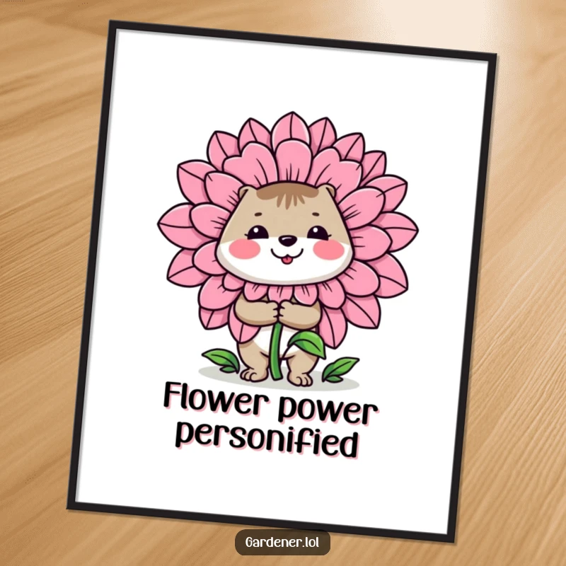 Funny poster: A happy animal gardener proudly presents an exceptionally large flower, celebrating the beauty of nature's bounty.