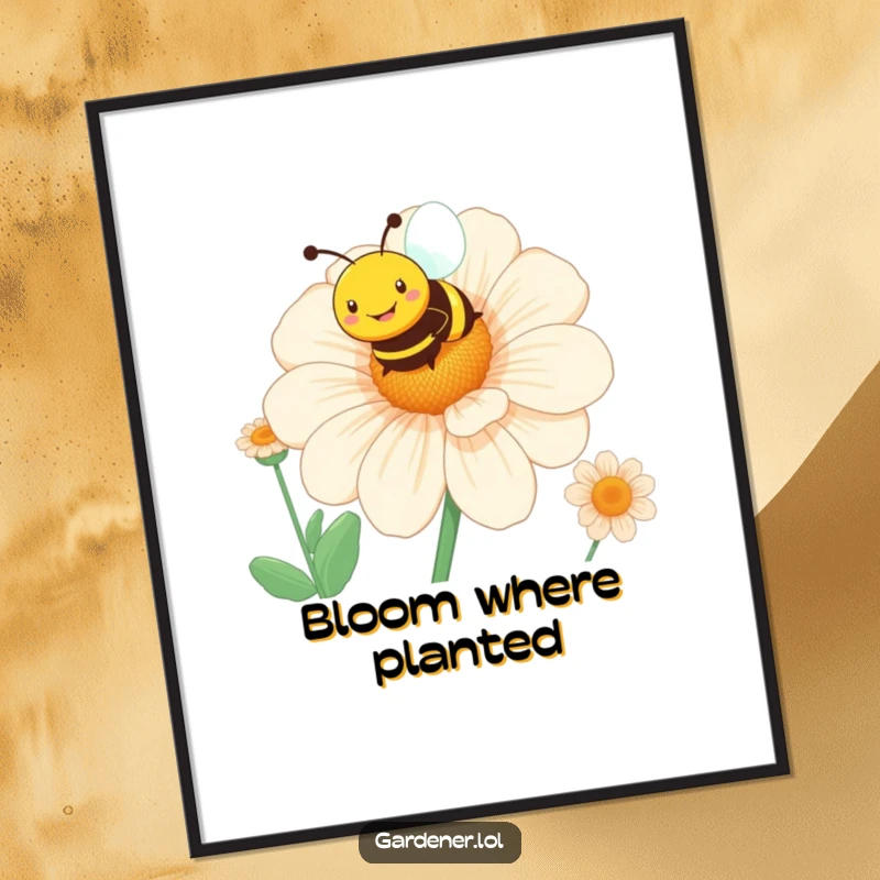 Funny bee poster depicting a smiling character hovering over a giant blooming flower, ideal for sunny wall decor.