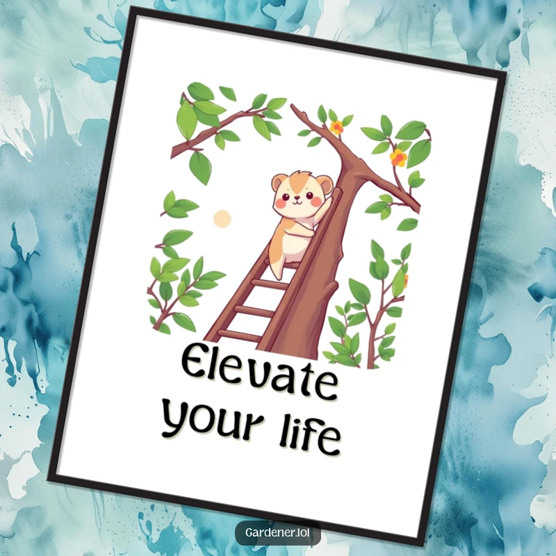 Funny determined animal character climbing a ladder to reach high branches, motivational wall art poster, inspiring adventure.