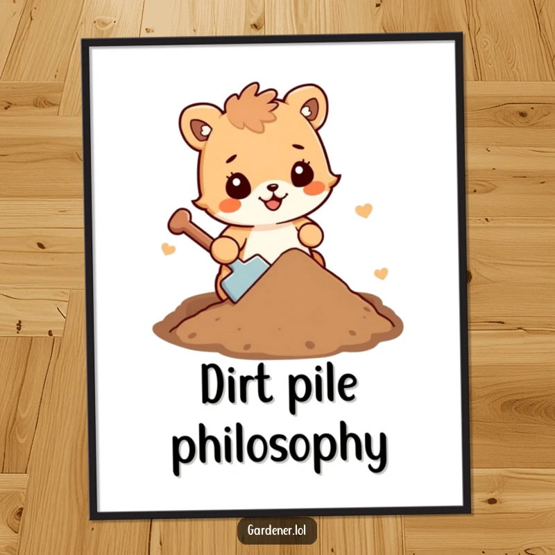 Funny animal character poster happily shoveling a small mound of cheerful dirt, adorning walls with humor.