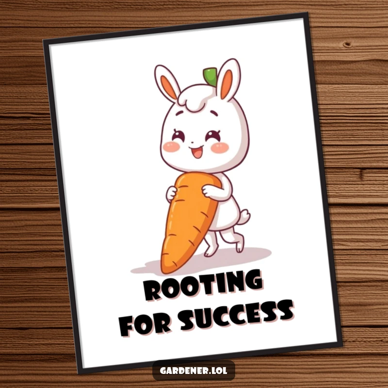 Funny poster featuring a happy character pulling a comically large carrot from the earth, garden humor.