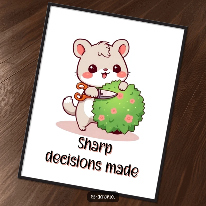 Funny poster art of a cute animal character happily pruning a bush with tiny shears, adding a cheerful and humorous gardening theme to decor.