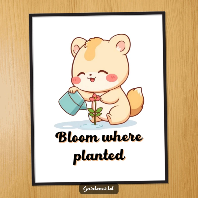 Funny Poster of a cute animal character joyfully watering a tiny, smiling flower sprout, bringing a cheerful and humorous natural ambiance to decor.