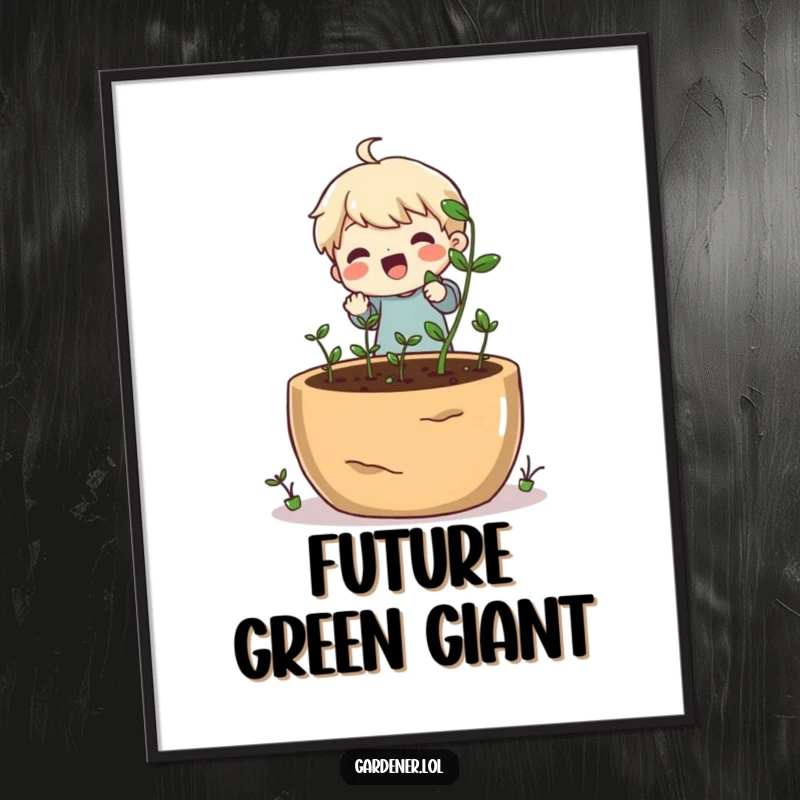 Funny poster featuring a happy character planting tiny seeds into a very large pot, garden humor.