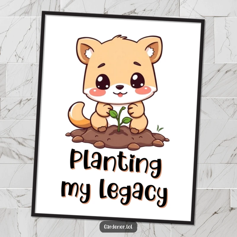 Funny poster showing a determined animal character planting a tiny seed, radiating positivity and a love for gardening.