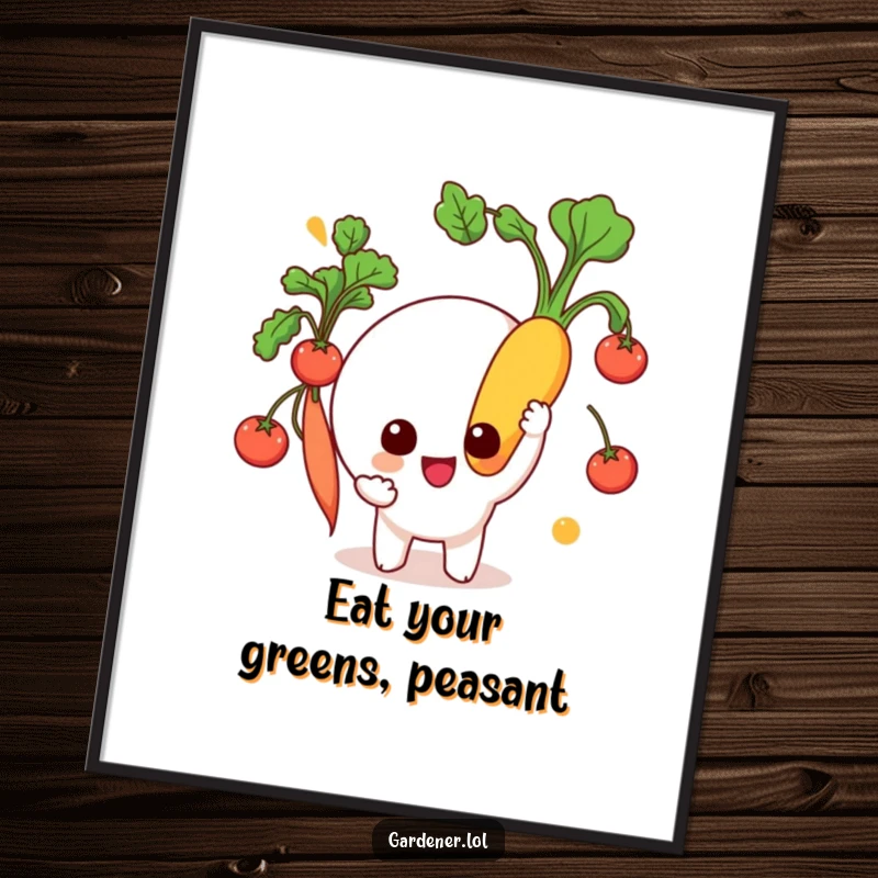 Funny Poster: A character beams holding a large, freshly picked vegetable, embodying the vibrant spirit of a successful garden.