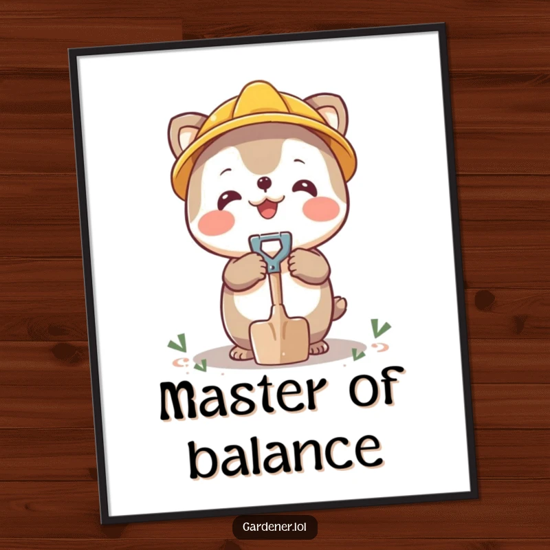 Funny poster featuring a happy character balancing a small shovel on its nose, whimsical balancing humor.