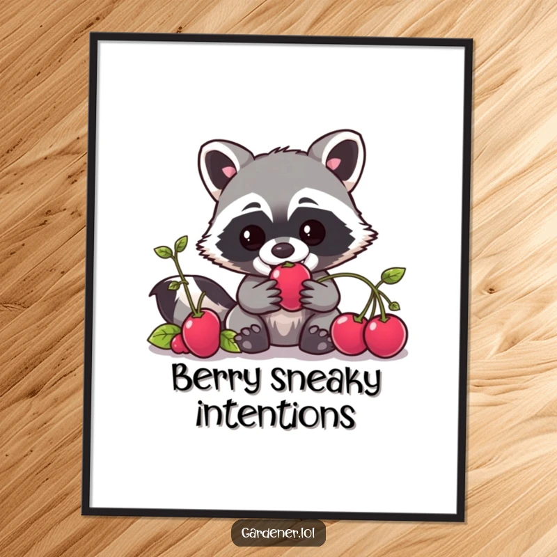 Funny Kawaii raccoon gardener poster art, a mischievous character caught reaching for a berry, decorative and humorous.