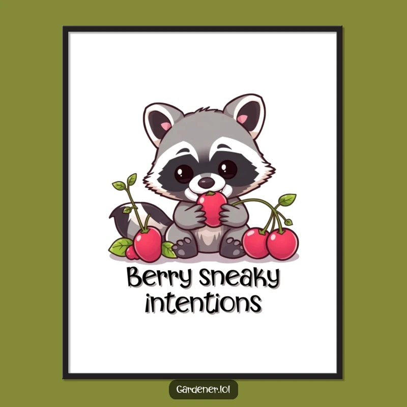 Funny Kawaii Raccoon Gardener Poster, Mischievous Berry Art Print, Whimsical Gift