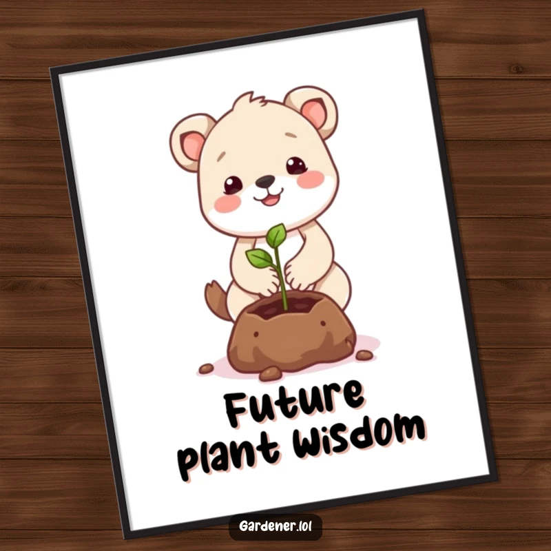 Funny animal character poster gently planting a smiling seed, bringing growth and humor to walls.
