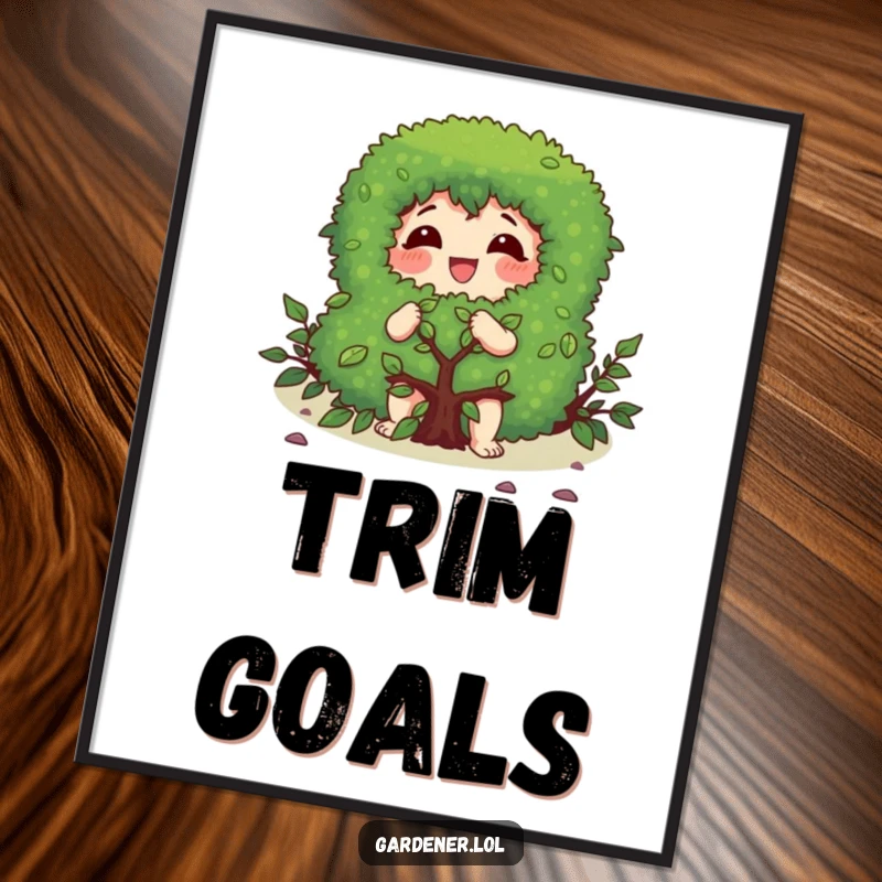 Funny poster art of a character gleefully pruning a bush with a focused expression, capturing the joy of meticulous gardening.