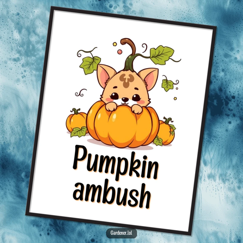 Funny poster print of a mischievous animal character hiding behind a large pumpkin, showcasing playful secrecy and fall vibes.