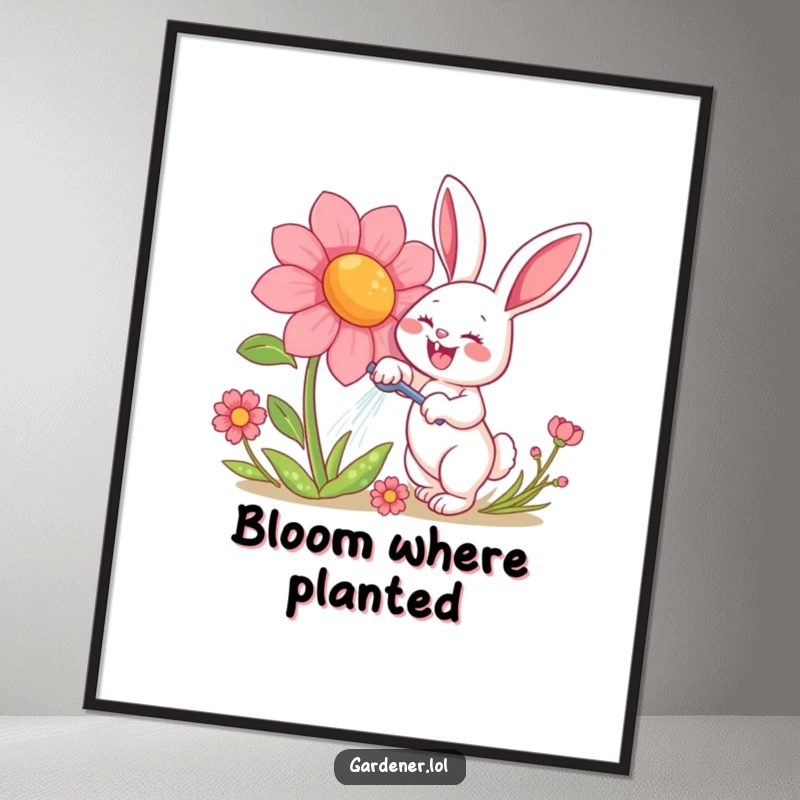 Funny poster print of a happy rabbit character gleefully watering a giant, smiling flower, adding vibrant, humorous garden decor to any room.
