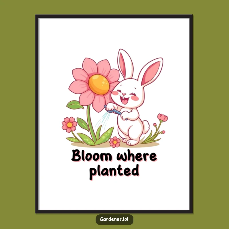 Funny Rabbit Watering Flower Poster - Vibrant & Hilarious Garden Wall Art Gift