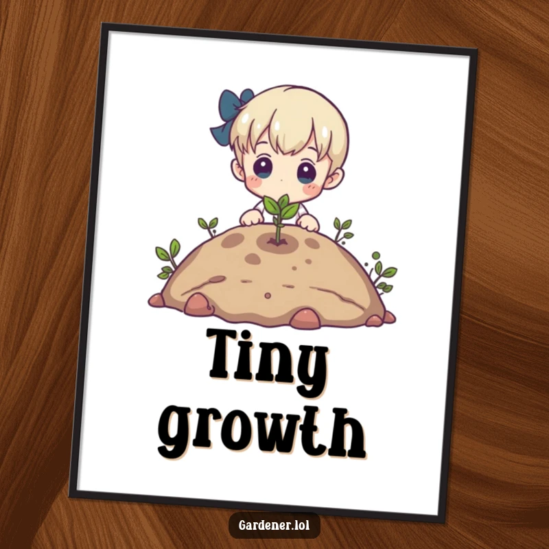 Funny poster art of a character admiring a tiny sprout emerging from the earth, capturing the beauty of new growth.