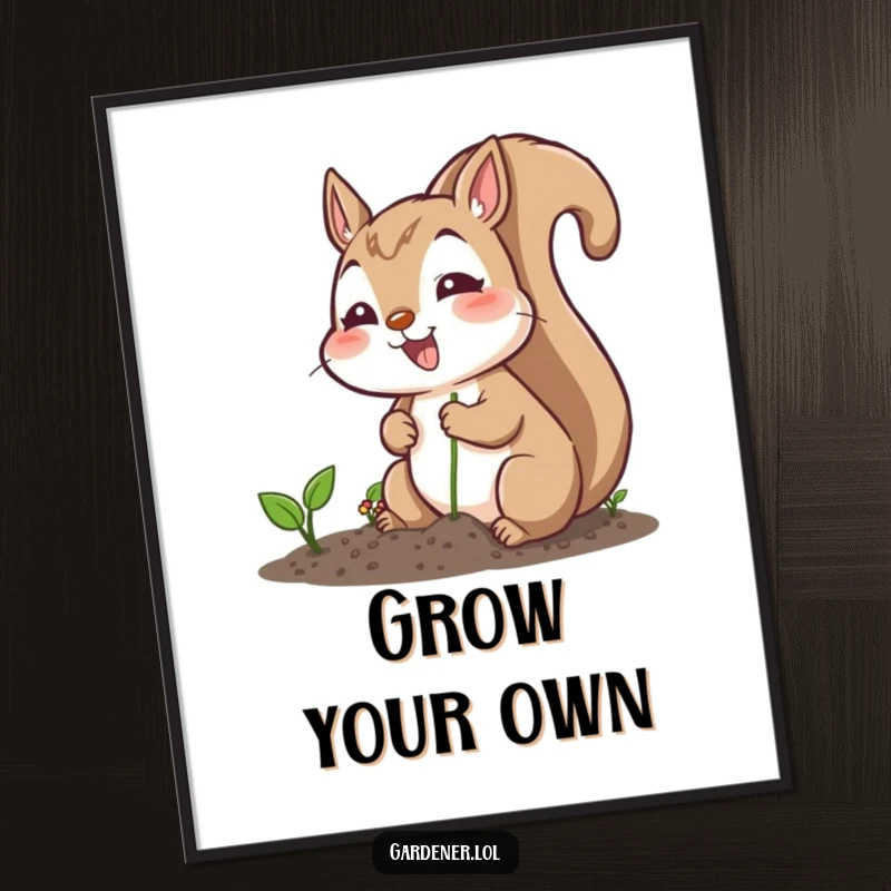Funny poster showcasing an excited squirrel character planting seeds with a cheerful expression, adding playful garden charm to any decor.