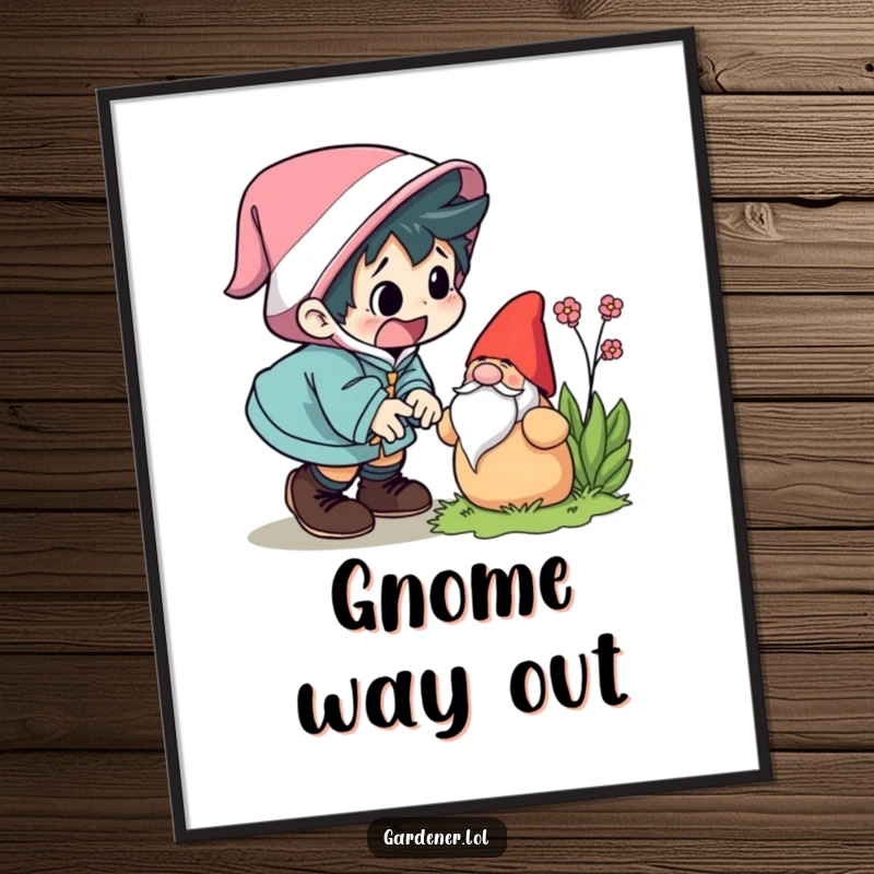Funny poster print of a character comically tripping over a garden gnome, looking startled. Hilarious home decor, perfect funny gift.