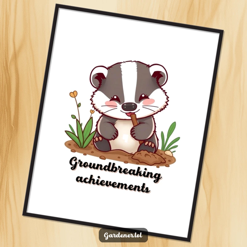 Funny poster: A delighted badger gardener with dirt smudges on its nose enthusiastically digs into the soil, full of joy.