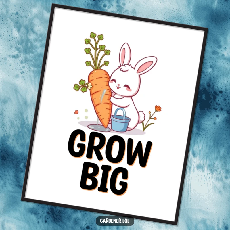 Funny cute bunny happily watering a giant carrot, humorous gardening wall art poster.