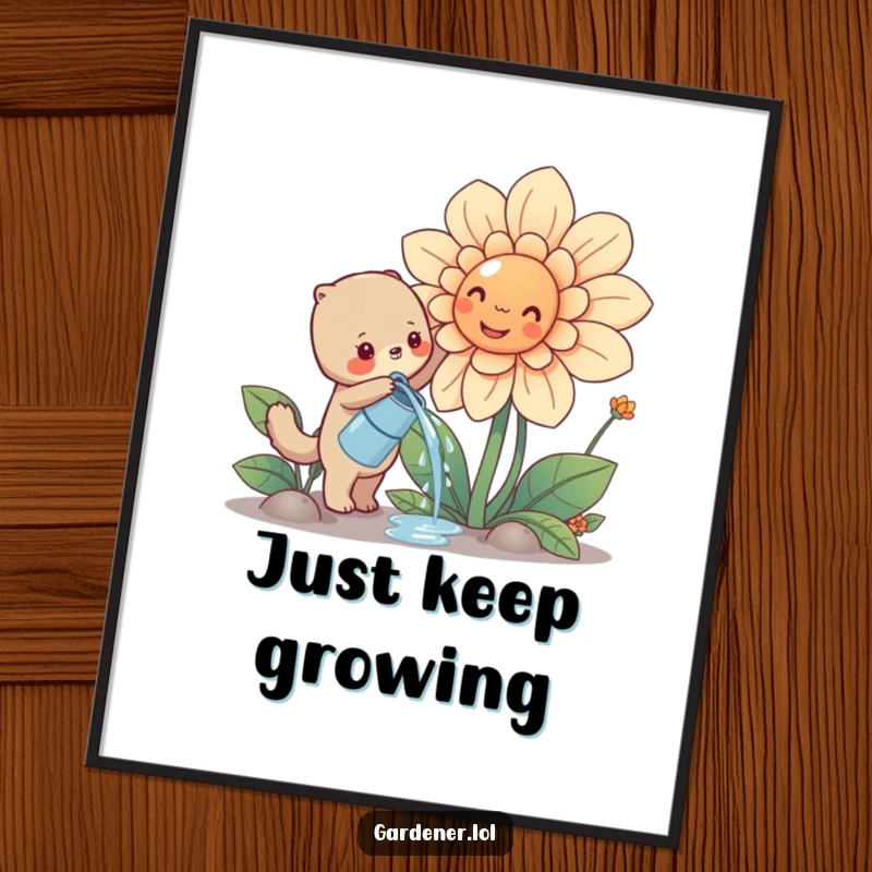 Funny cute animal watering a giant smiling flower, whimsical gardening poster, cheerful nature-inspired wall decor.