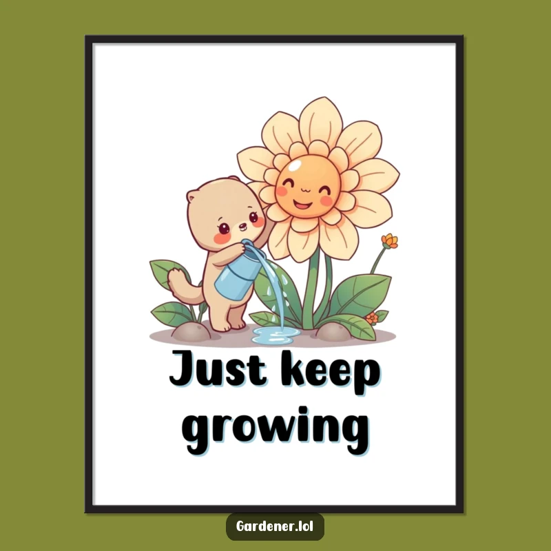 Funny Cute Animal Watering Flower Poster, Whimsical Gardening Wall Art