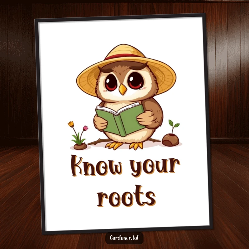 Funny Kawaii owl gardener poster art, showing a wise owl in a straw hat reading a gardening book, adding intellectual charm.