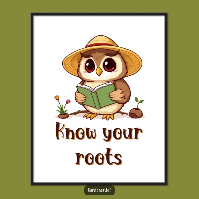 Funny Kawaii Owl Gardener Poster, Wise Reading Art, Whimsical Wall Decor Gift