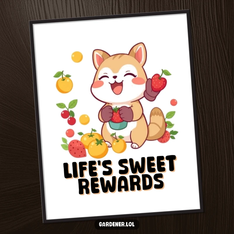 Funny joyful animal character catching falling fruit with gardening gloves, whimsical harvest poster, cheerful wall decor.