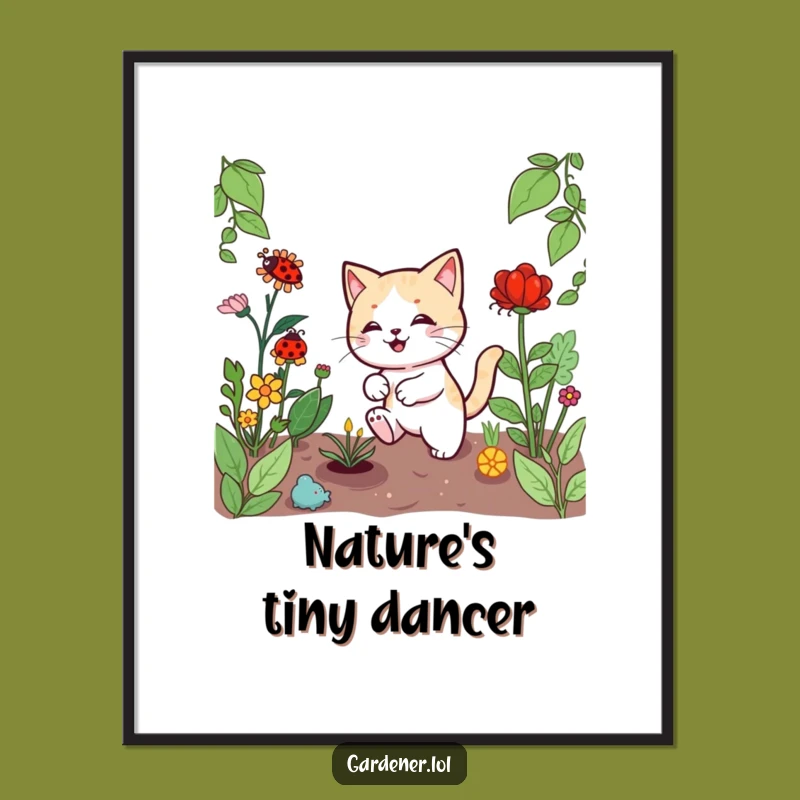 Funny Kawaii Cat Gardener Poster, Playful Ladybug Chase Art, Whimsical Wall Decor Gift