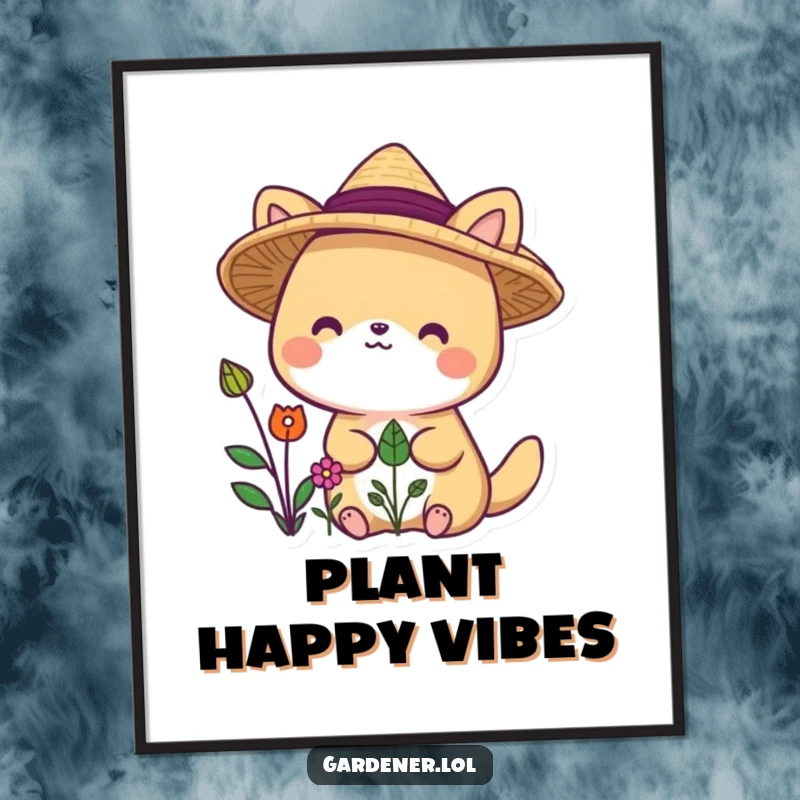 Funny animal character poster with straw hat, delighted by plants, bringing garden joy to walls.
