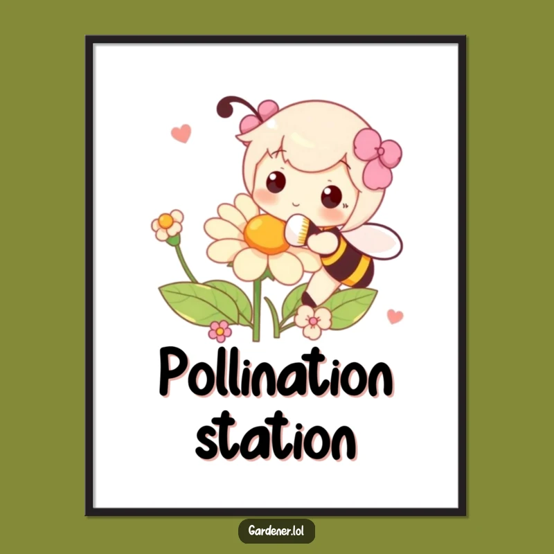 Funny Pollination Poster: Playful Character Brushing Flower Art, Humorous Decor