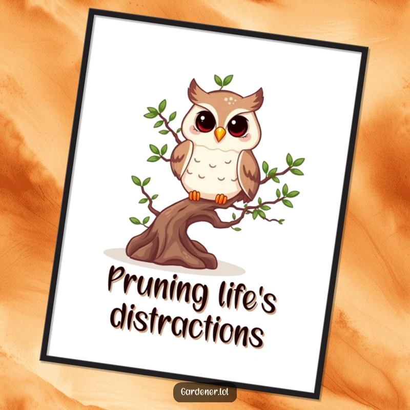 Funny owl artistically pruning a bonsai tree, presented as a decorative funny poster.