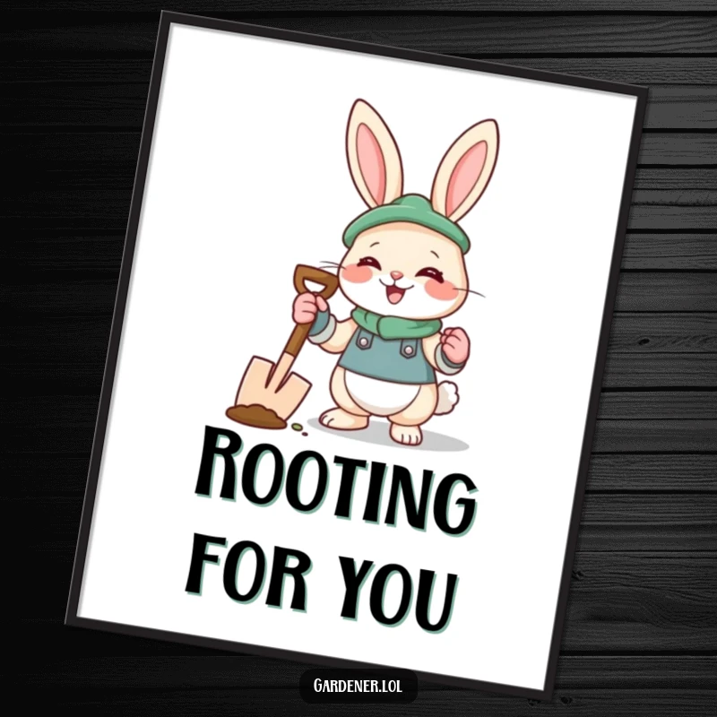 Funny rabbit gardener poster of a giggling bunny with gardening gloves and a spade, adding whimsical charm to walls.