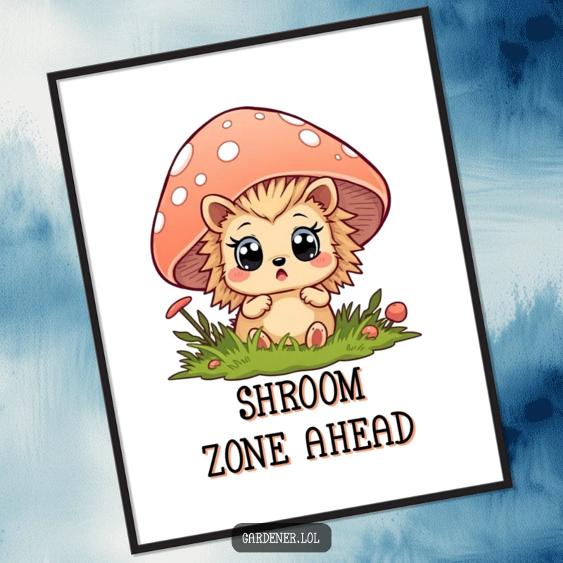 Funny hedgehog poster depicting a surprised creature peeking from behind a mushroom, a charming piece of whimsical wall art.