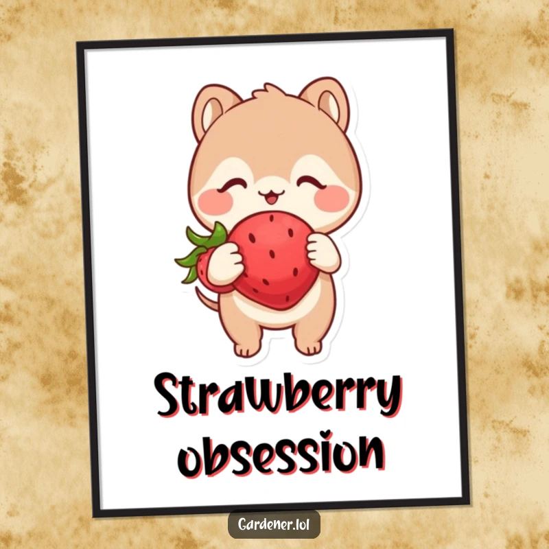 Funny poster of a cute animal character looking with extreme glee at a plump, happy strawberry, highlighting pure berry adoration.