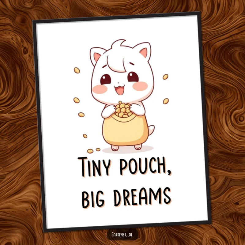 Funny poster art of a grinning character playfully scattering seeds from a tiny pouch, adding a cheerful, humorous touch to any room.