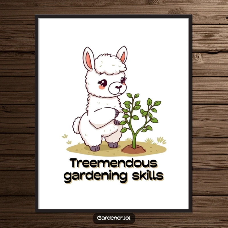 Funny Llama Gardener Poster: A serene llama gardener carefully trims a miniature tree, bringing calm and humor to wall art.