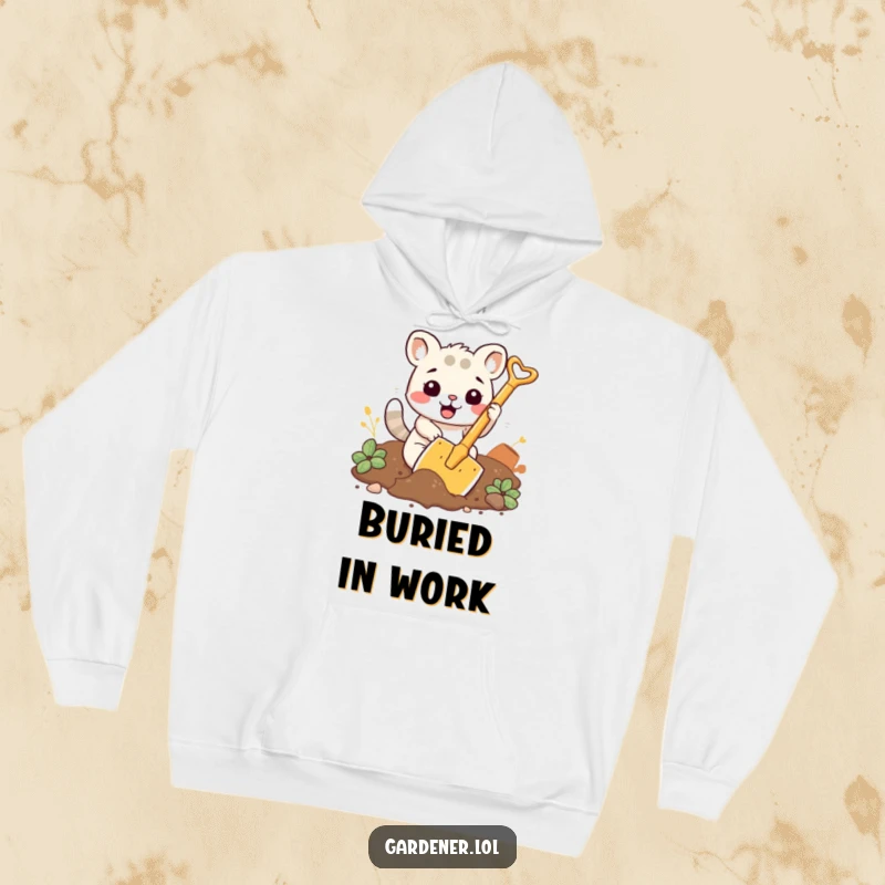 Funny hoodie featuring a kawaii animal character enthusiastically digging soil with a comically large shovel.