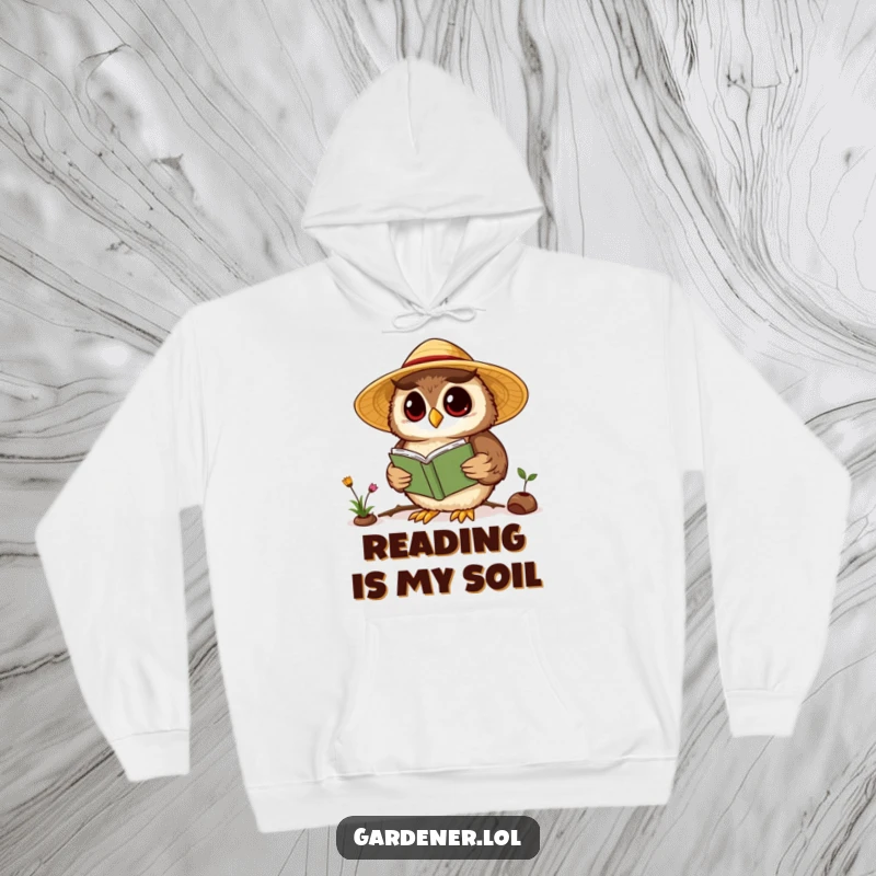 Funny Kawaii owl gardener hoodie, depicting a wise owl in a straw hat reading a gardening book, perfect for cozy, intellectual wear.