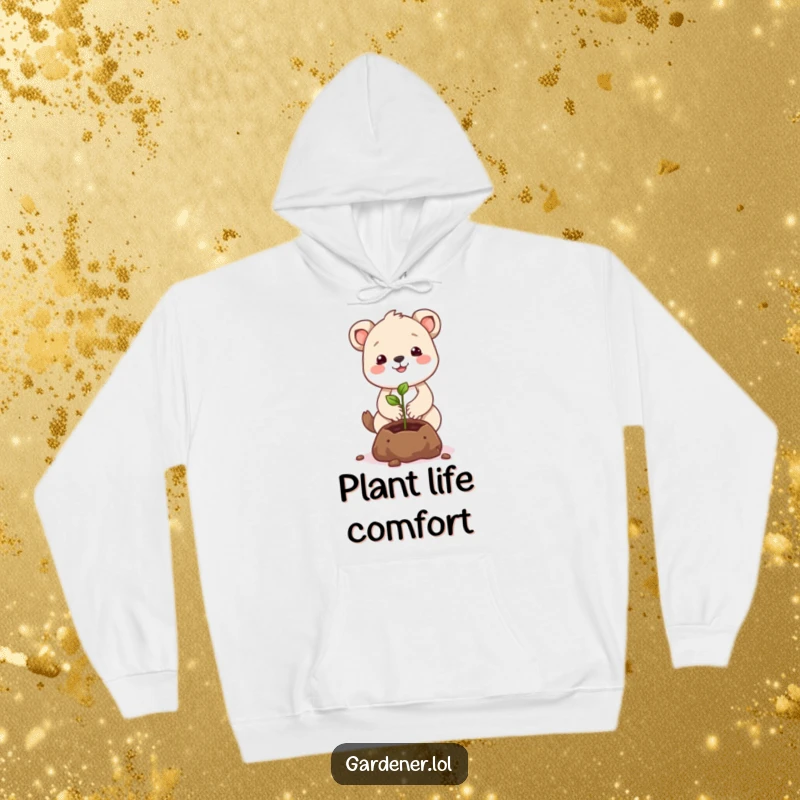 Funny animal character hoodie gently planting a smiling seed, perfect for cozy, humorous gifting.