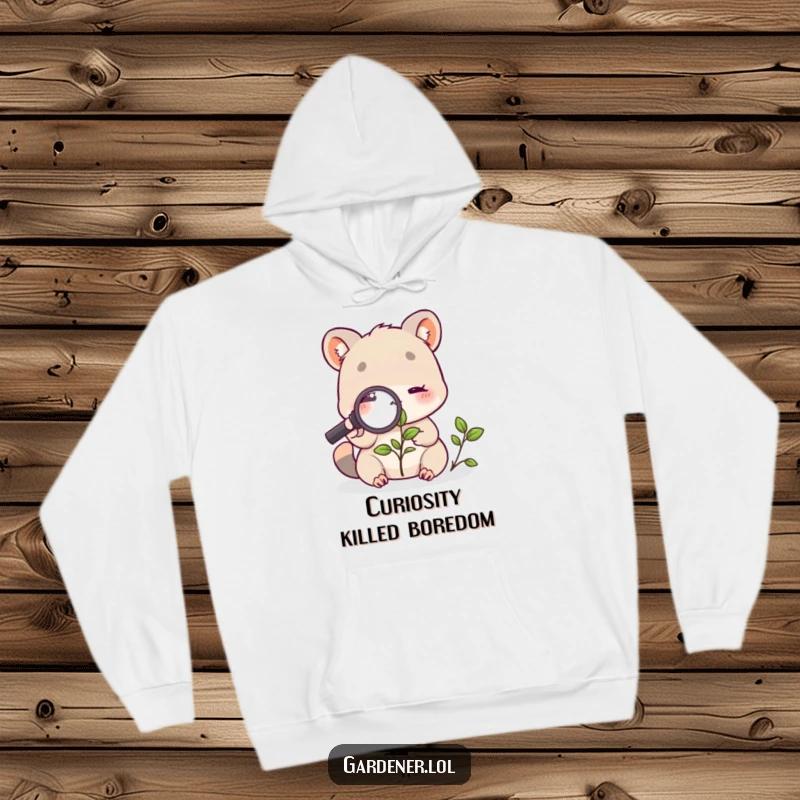 Funny hoodie featuring a cute animal character examining a plant with a magnifying glass, offering warmth and a dose of botanical humor.