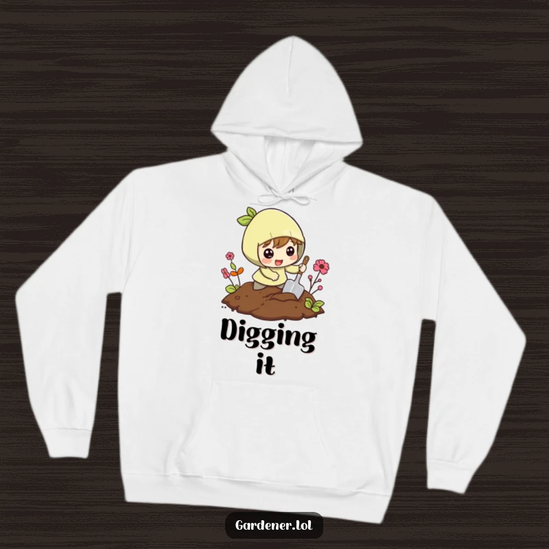Funny hoodie depicting a character excitedly digging in the soil with a small shovel, offering warmth and adventurous spirit.